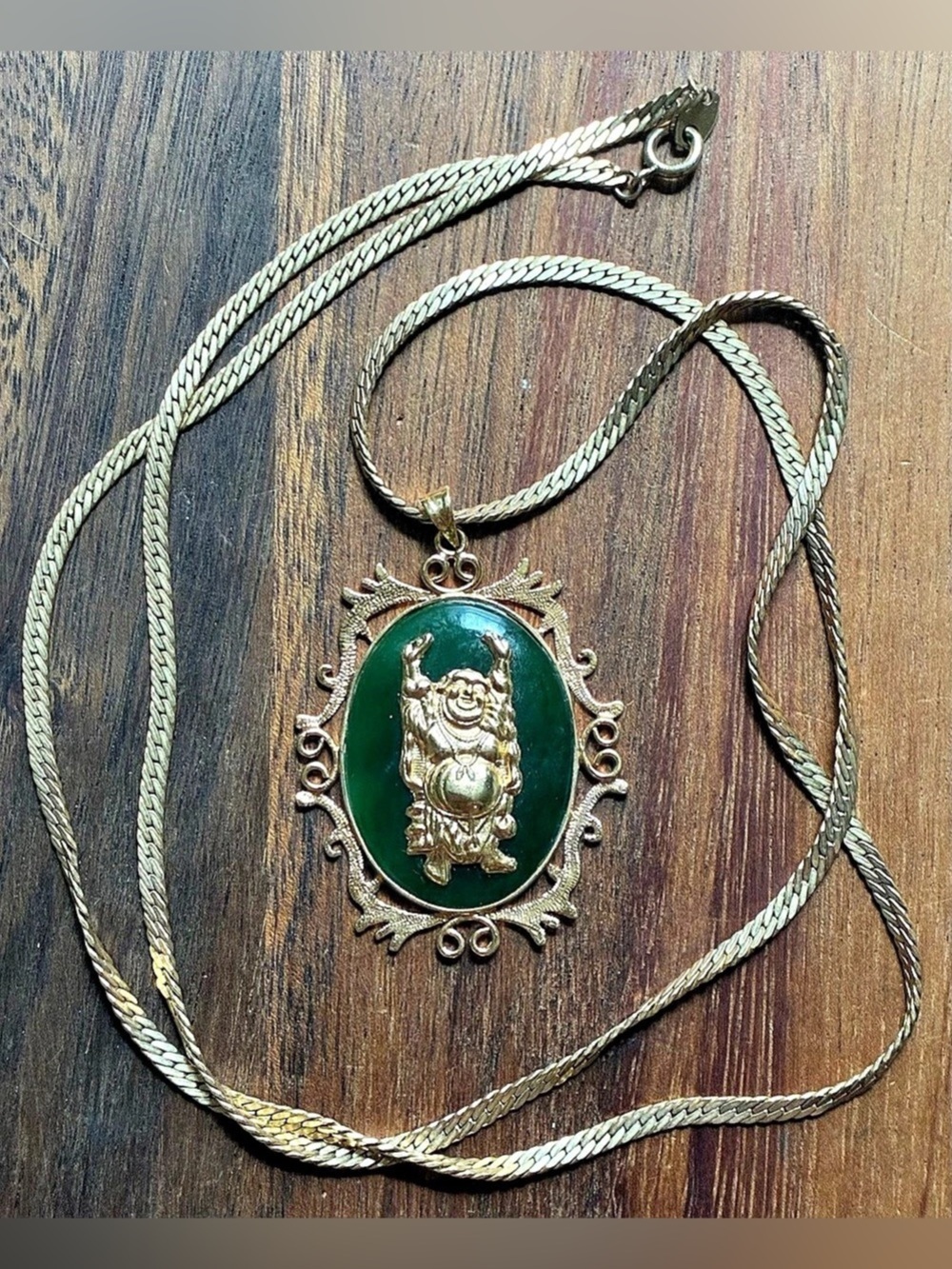 Sweet Vintage 14K Gold-Filled Green Stone Laughing Dancing Buddha Pendant Neckla